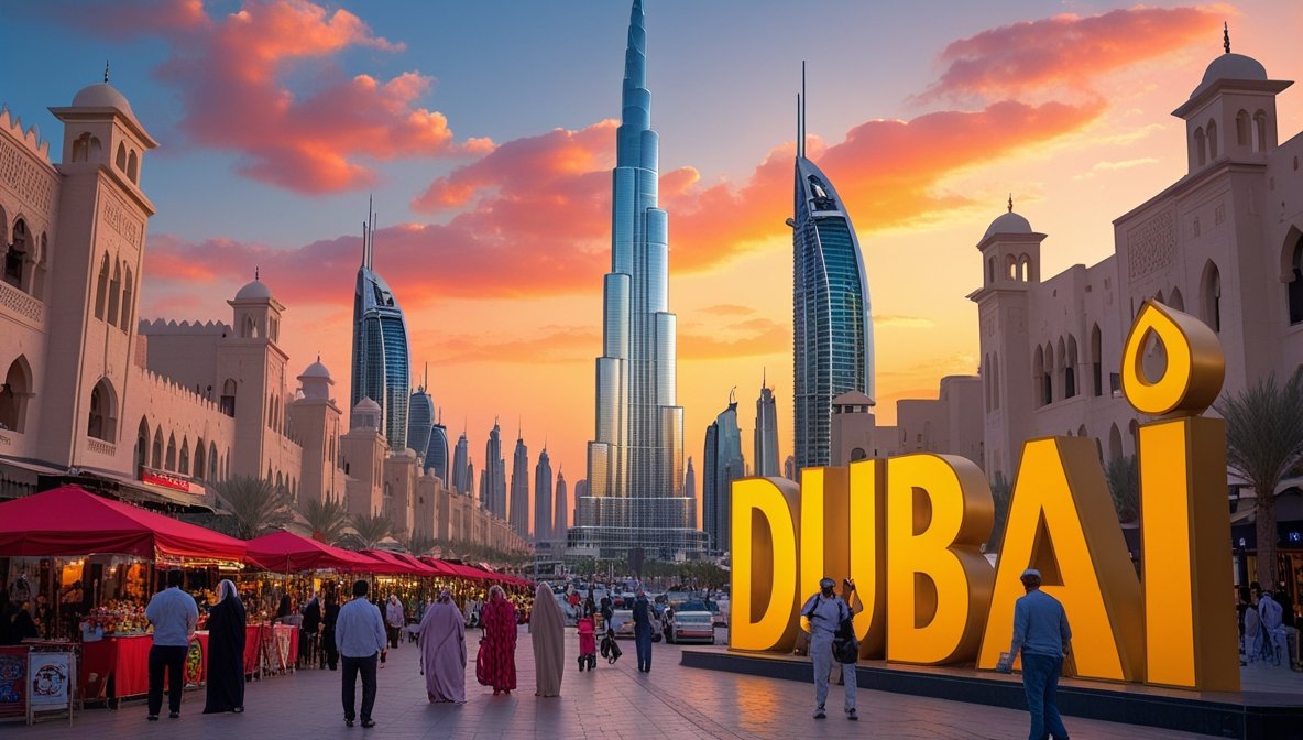 A bustling street scene in Dubai at sunset, with the Burj Khalifa towering in the background and a large illuminated "DUBAI" sign in the foreground.