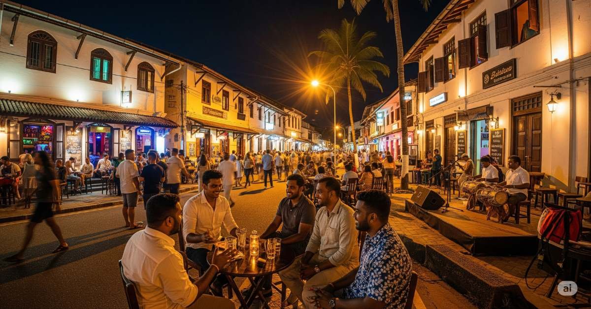 A vibrant nighttime street scene in Galle, Sri Lanka, with people enjoying brightly lit bars and pubs. Historic colonial architecture is illuminated, and palm trees line the bustling street, conveying a lively tropical nightlife atmosphere.
