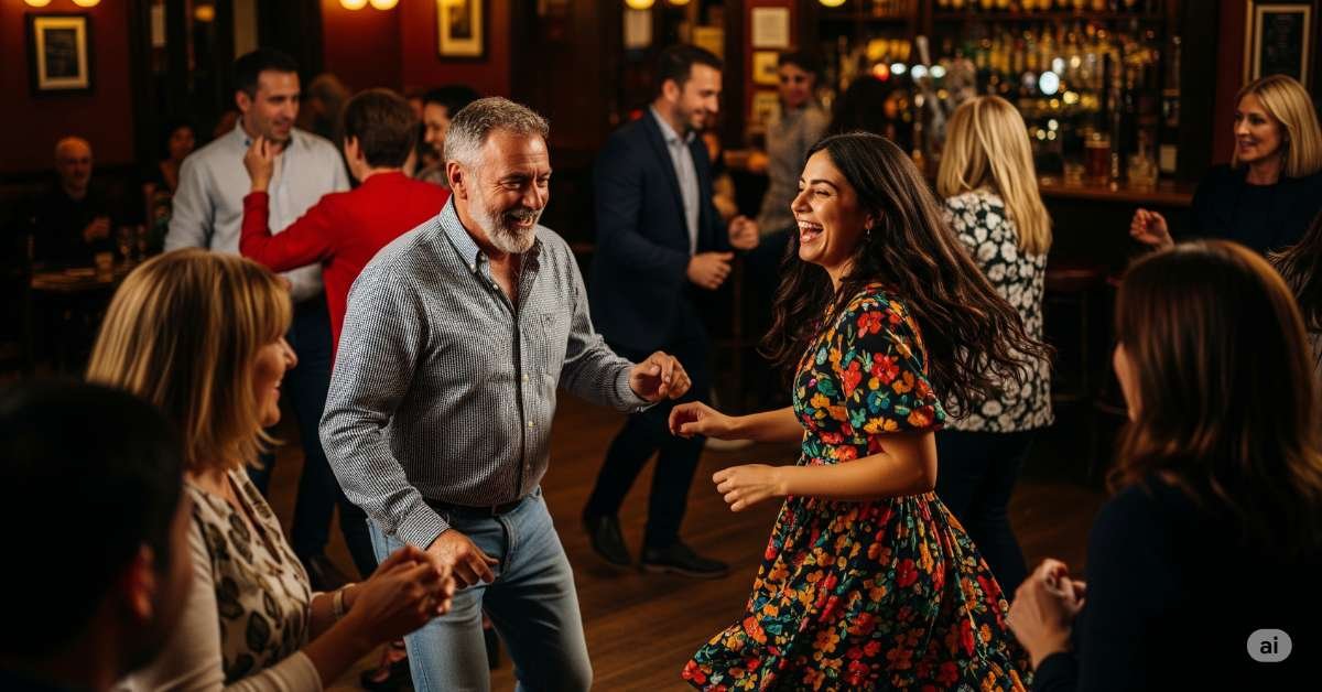 A diverse group of people joyfully dancing in a dimly lit, rustic pub.