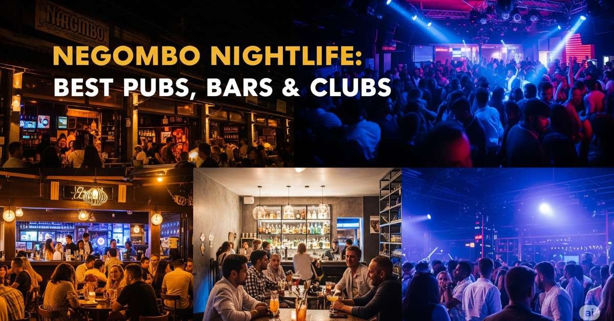 A vibrant nighttime collage representing Negombo's nightlife. On the left, a warmly lit, bustling pub scene. In the middle, a stylish, modern bar with people enjoying cocktails. On the right, a crowded nightclub with flashing lights and dancing figures. Overlay text reads: "Negombo Nightlife: Best Pubs, Bars & Clubs" in a bold, clear font.