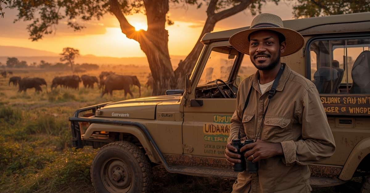 A safari guide in a hat and tan shirt stands next to a jeep at sunrise, holding binoculars, with elephants visible in the distance.