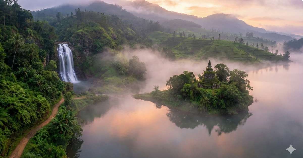 Kotmale A breathtaking landscape of Kotmale, Sri Lanka, featuring a misty reservoir reflecting the sunrise, a cascading waterfall on a lush green hillside, and ancient temple ruins emerging from the water.